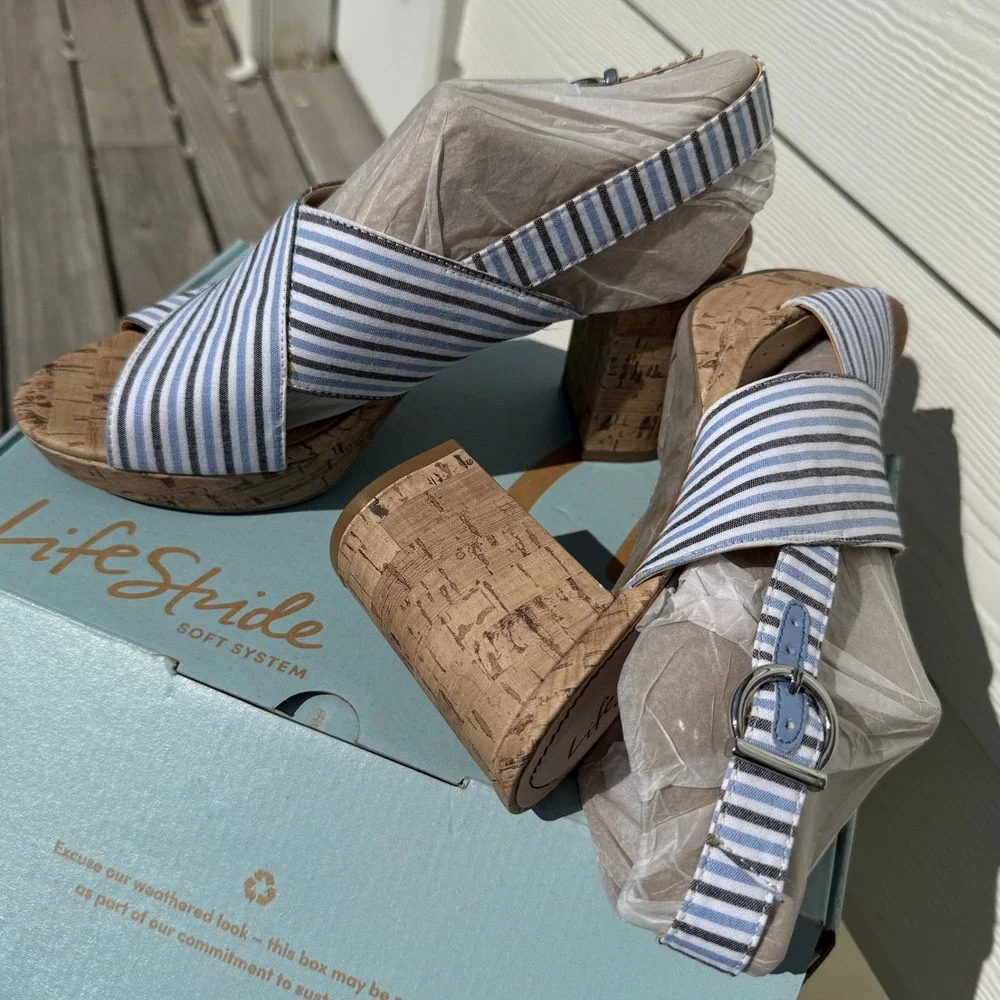 LifeStride Sandals Women‎ 8.5 Blue Striped Block Heel Cork Slingback Strappy NIB